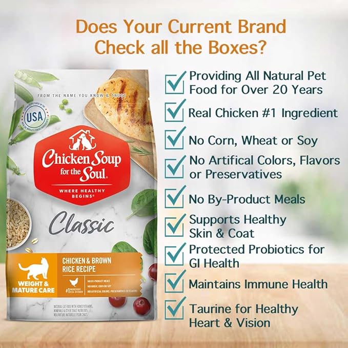 Chicken Soup for The Soul All Natural Premium Weight & Mature/Senior Dry Cat Food, Real Meat First Ingredient, No by-Products, Hi Fiber/Low Fat Support Ideal Weight, Chicken & Brown Rice, 12lb