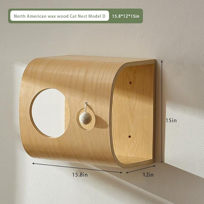 Soild Wood Round Wall Mounted Cat Bed Shelves, Cat Climbing Frame with Cushion, for Cats Sleeping, Playing, Climbing (D-Shaped Wood Color)