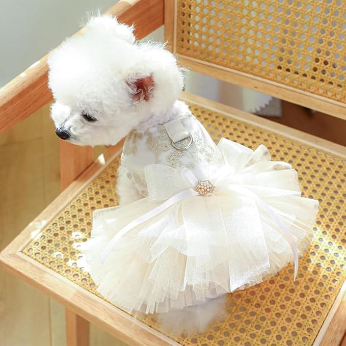 Princess Dog Wedding Dress - Embroidered Gown with Fluffy Tutu Skirt & Leash D-Ring, Formal Party Outfit for Small Dogs & Cats Like Chihuahua Yorkie (White Bow-Princess, Large)