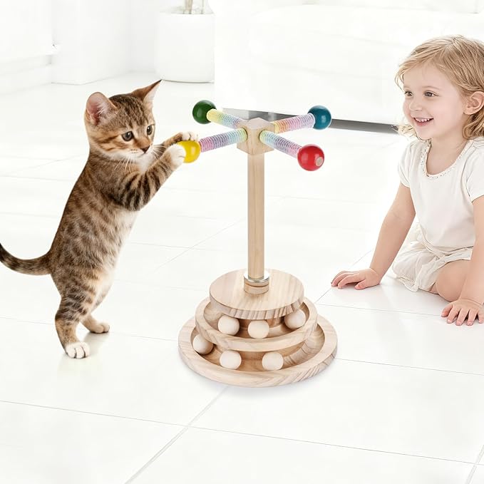 Wooden cat Toy Interactive Turntable with Spinning Ball and teapot Stick, Multi-Level cat Track Ball Toy Suitable for Kittens and Adult Cats, cat Sports Puzzle Toy