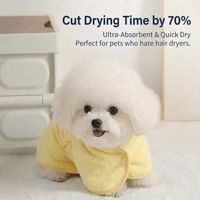 Dog Bathrobe Super Absorbent Towel for Small Dogs Cats Fast Drying Dog Robe Coat with Hood Puppy Cat Bath Towel Wrap Pet Grooming Supplies After Shower (Yellow,S)