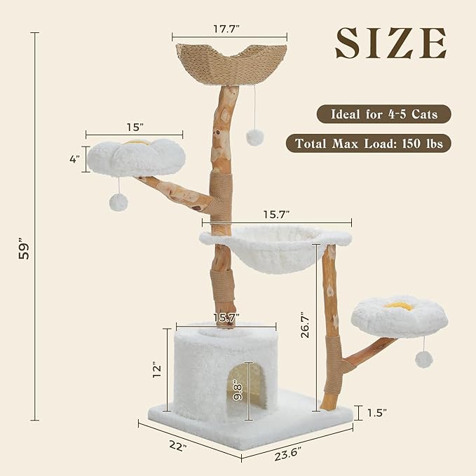MUTTROS 59" Modern Cat Tree Tower for Large Cats w/2 Flower Perches-Natural Solid Wood Scratching Post with Real Branch-Luxury Boho Cat Furniture w/Condo & Wicker Basket Bed, Cloud White
