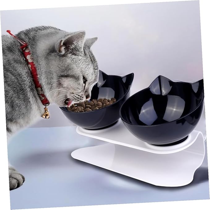 Ciieeo Double Cat Food Bowl with Tilted Design, Black Plastic Raised Pet Feeder for Cats and Small Dogs, Anti-Spill Neck-Protecting Double Plastic Pet Bowl for Feeding and Watering