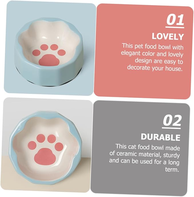 Ceramic Pet Bowl Tilted Cat Dish with Cute Animal Paw Print Small Dog Feeder Bowl Blue for Pets Feeding and Watering