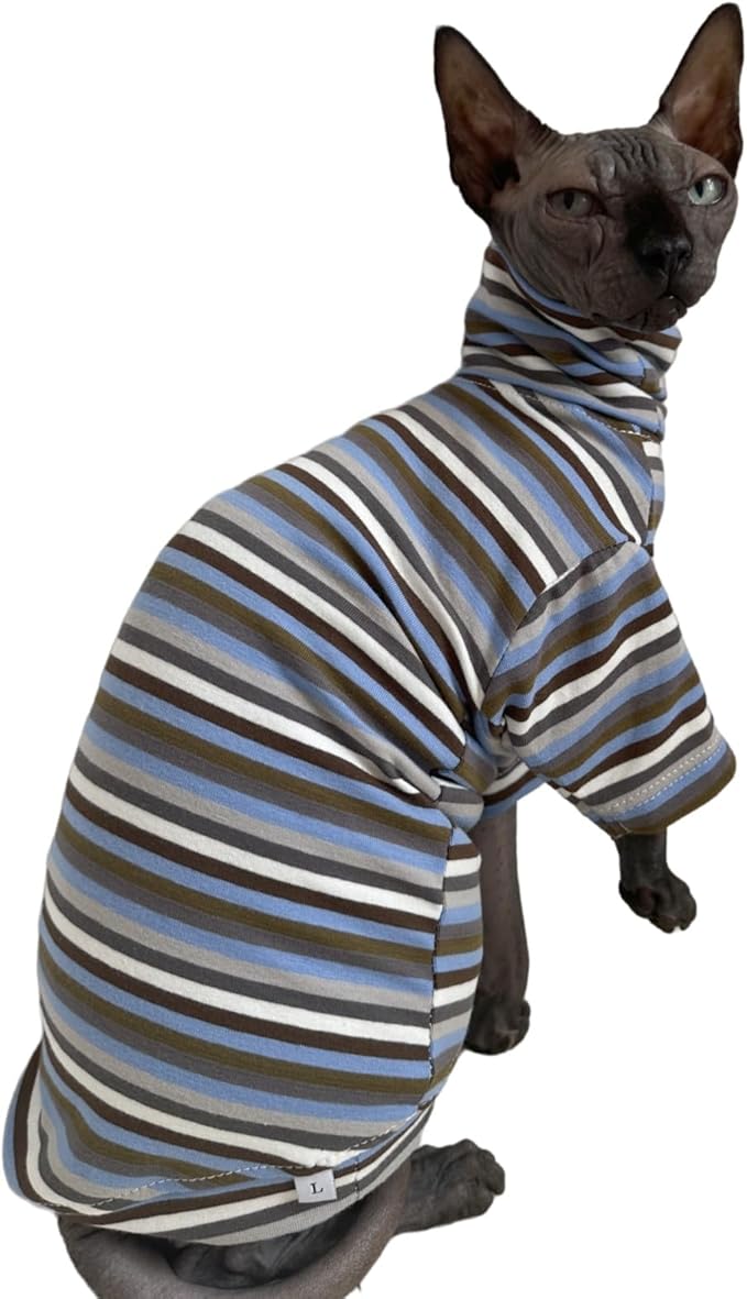 Vintage Stripes Sphynx Hairless Cats Shirt Cotton Cat Turtleneck Pet Clothes Kitten T-Shirts with Sleeves for Sphynx Cats (Storm, Small)