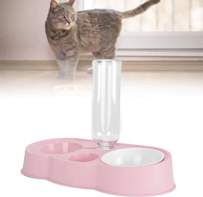 Double Pet Bowl Set, Non - Slip Stable 2-in-1 Food & Water Bowl with Automatic Water Dispenser Bottle, Feeding Station for Cats, Small Dogs and Mini Pets (Pink)