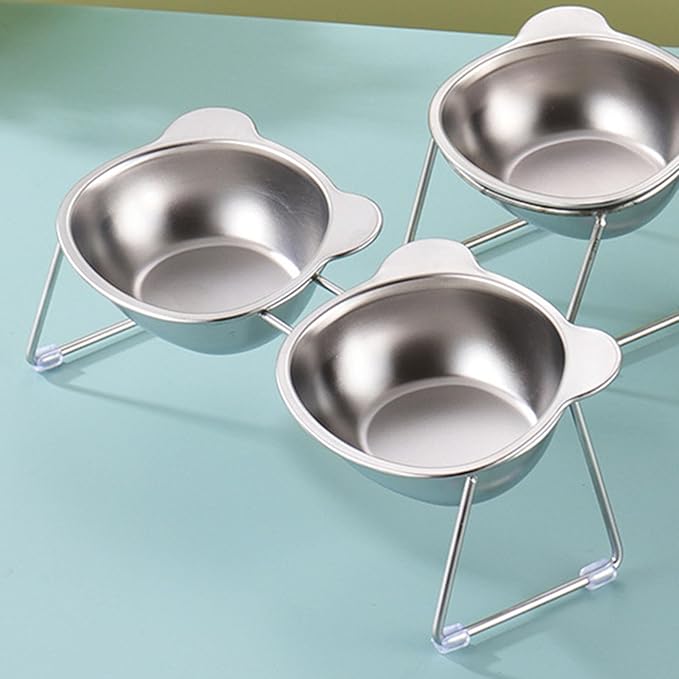 Elevated Cat Bowl, Detachable Stainless Steel Raised Pet Feeder with 15 Degree Tilt Angle Nonslip Feet for Cats Small Dogs (9334 Cartoon Double Bowl)