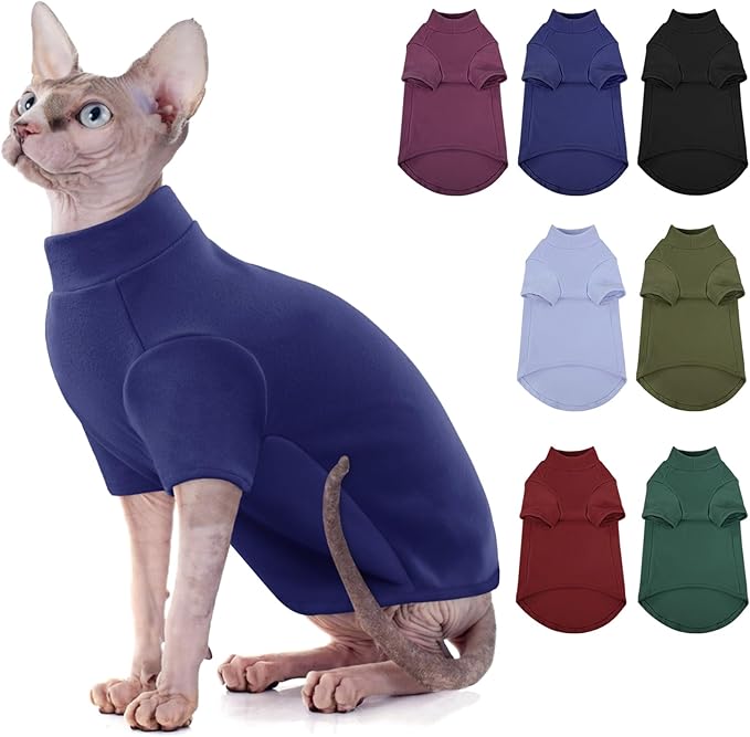 Turtleneck Sweater for Cat, Sphynx Cats Shirt Hairless Cat Sweaters with Sleeves, Warm and Soft Kitten Pullover Fleece Winter Pajamas Jumpsuit for Puppy Cats, Navy M