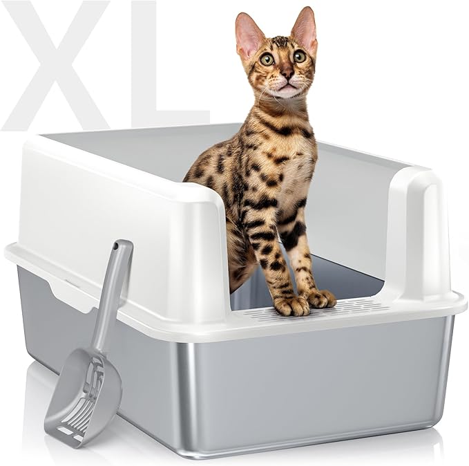 WoofiGo Stainless Steel Cat Litter Box with Lid, XL Metal Litter Box for Big Cats, Extra Large Litter Box with High Sides, Never Absorbs Odors, Non-Sticky, Easy Clean, Anti-Urine Leakage, with Scoop