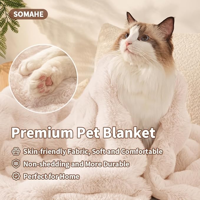 SOMAHE Cat Blanket, Reversible Sherpa & Bubble Fleece Pet Throw, Ultra-Soft Plush for Indoor Cats, Machine Washable, Anti-Static, Warm & Cozy, 22"×18" Inch White