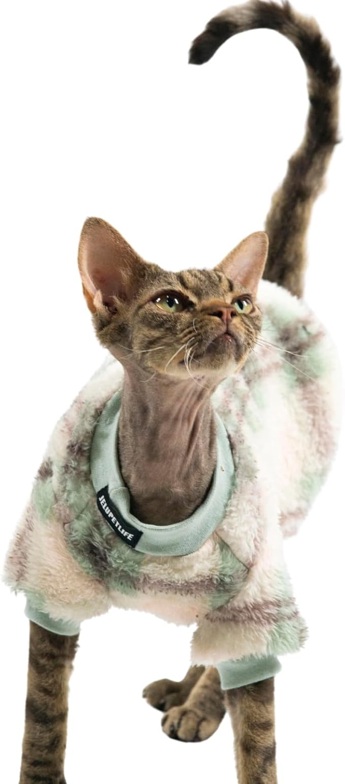 Cat Double-Sided Fleece Clothes, Soft Warm Winter Jumpsuit Sweater Shirt Clothing for Hairless Sphynx, Devon & All Indoor Kittens (Green,L)