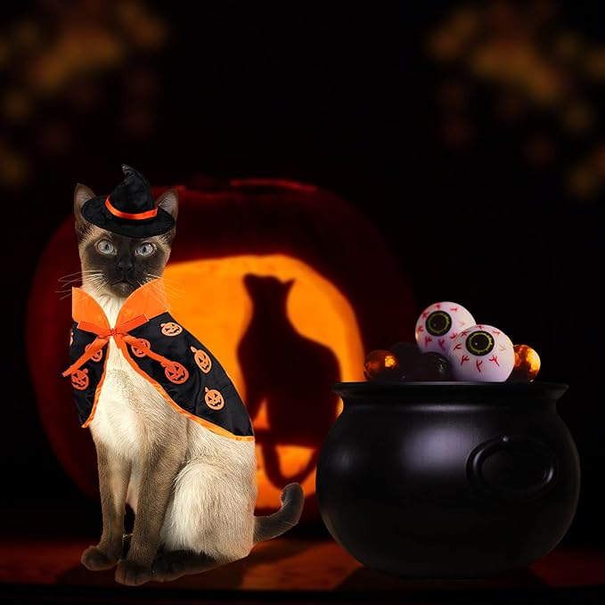 Cute Pet Halloween Wizard Costume with Hat, Cats Small Dogs Soft Clothes Outfit Witch Cape, Pets Costume Apparel Cosplay Clothes for Cats Dogs Kitten Puppy Small Animals, for Halloween Magic Cosplay