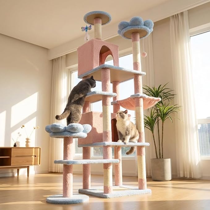 Flower Cat Tree 71 Inches，Large Cat Tower with 2 Detachable Flower Cushions and 2 Hiding Condo, Tall and Big Cat Tree with Hammock Bed, Interactive Toys and Scratching Posts for Indoor Cats (Blue)