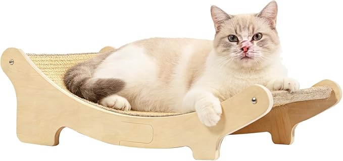 Wooden Cat Scratching Board Bed, Curved Sisal Cat Scratcher, Dual-Use Lounge Chair for Large Cats, 19.7 x 13 x 6.7 in, Stable Solid Wood Furniture Protector