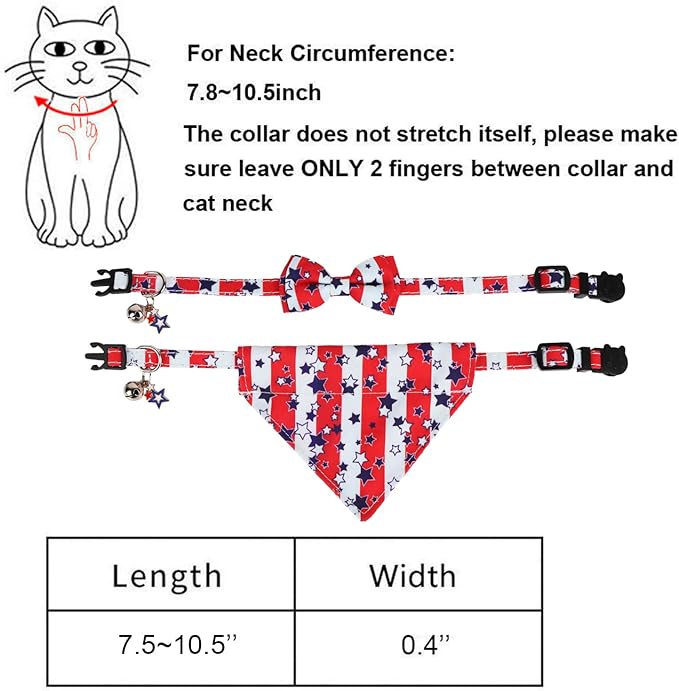 PTDECOR American Flag Cat Collar Breakaway with Cute Bow Tie Bell, 4th of July Bandana Collar, Patriotic Cat Bowtie Collars for Kittens (Red&White)