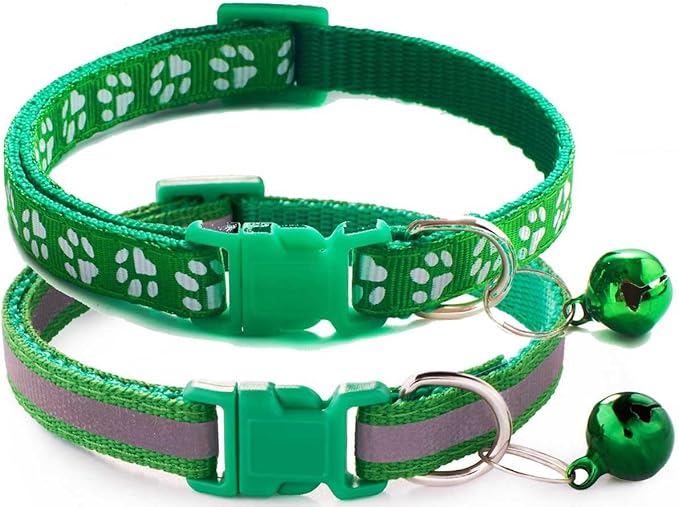 XS Dog Collar with Bell, 2-Pack Basic & Reflective Cat Collar with Bells for XXS Xs Small Pet Dogs Boy Tiny Kitten Girls Animal,Neck 7-12 Inch (Dark Green, Neck 7-12")