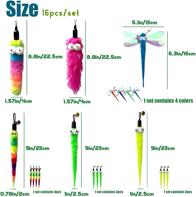 AcceLeah Cat Worm Toy Refills Cats Teaser Toys Cat Wand Refill Wand Replacement Cat Wand Attachments Cat Fishing Pole Toy Refill 16Pcs Cat Worms Refill,Cat Wand Toy Assorted Teaser Refills
