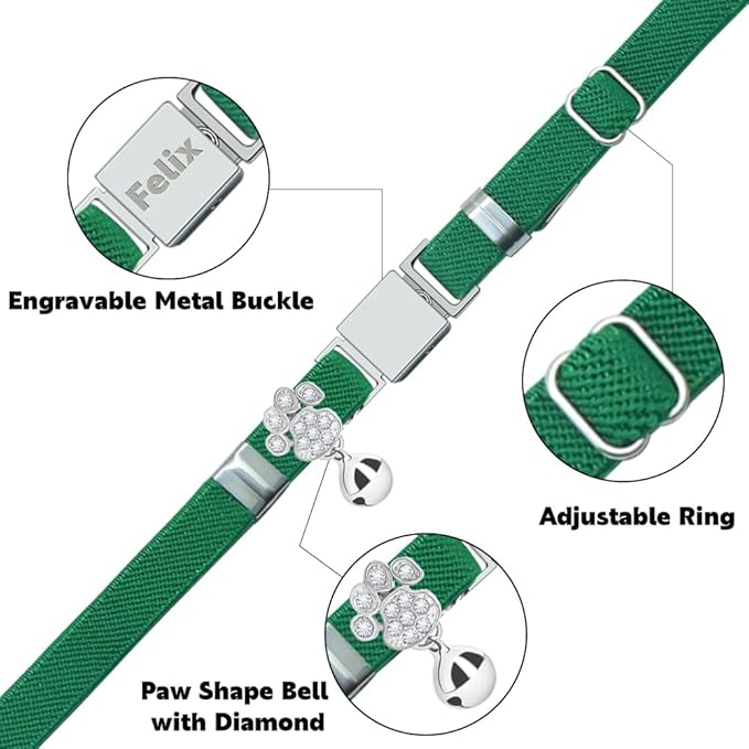 Personalized Safety Elastic Cat Collars with Bell,Laser Customized Stretch Kitten Collars for Girls Boys Cats-Dark Green