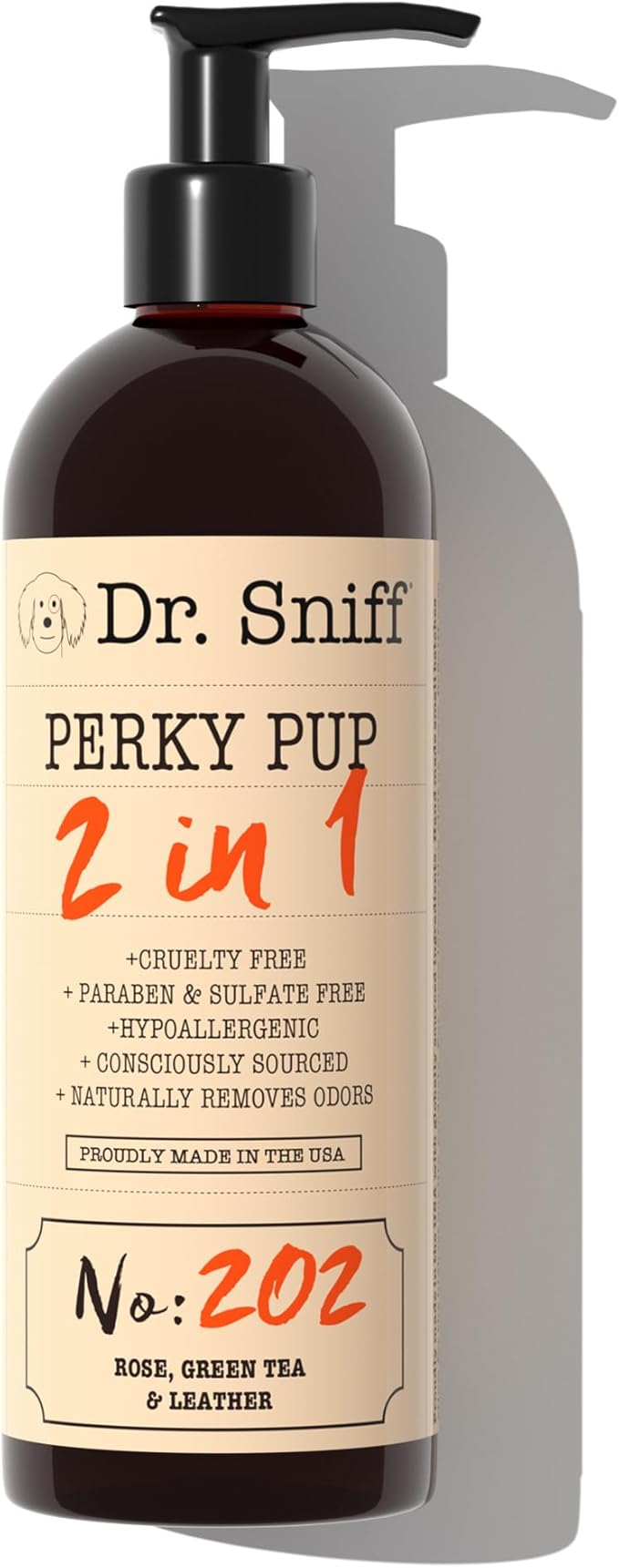 Dr. Sniff 2-in-1 Dog Shampoo & Conditioner, Perky Pup Scent, Rose, Green Tea & Leather, Gentle Grooming Formula for Dogs & Cats, Long-Lasting Fragrance, Made in USA, 16 oz