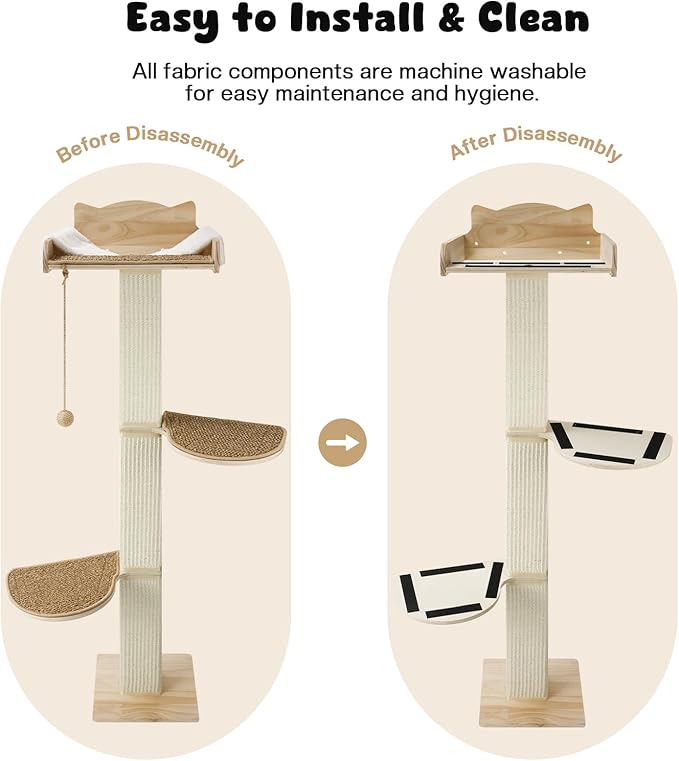 Solid Wood Cat Window Perch with 2 Jumping Platforms, Cat Hammock for Window with Scratching Post, Sisal Tall Cats Scratching Post with Large Perch, Wooden Cats Window Bed with 2 Suction Cups