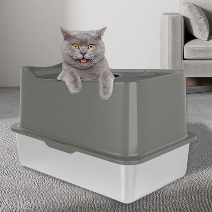 Pet Supplies, Stainless Steel Top Entry Cat Litter Box with Lid & Scoop(White)