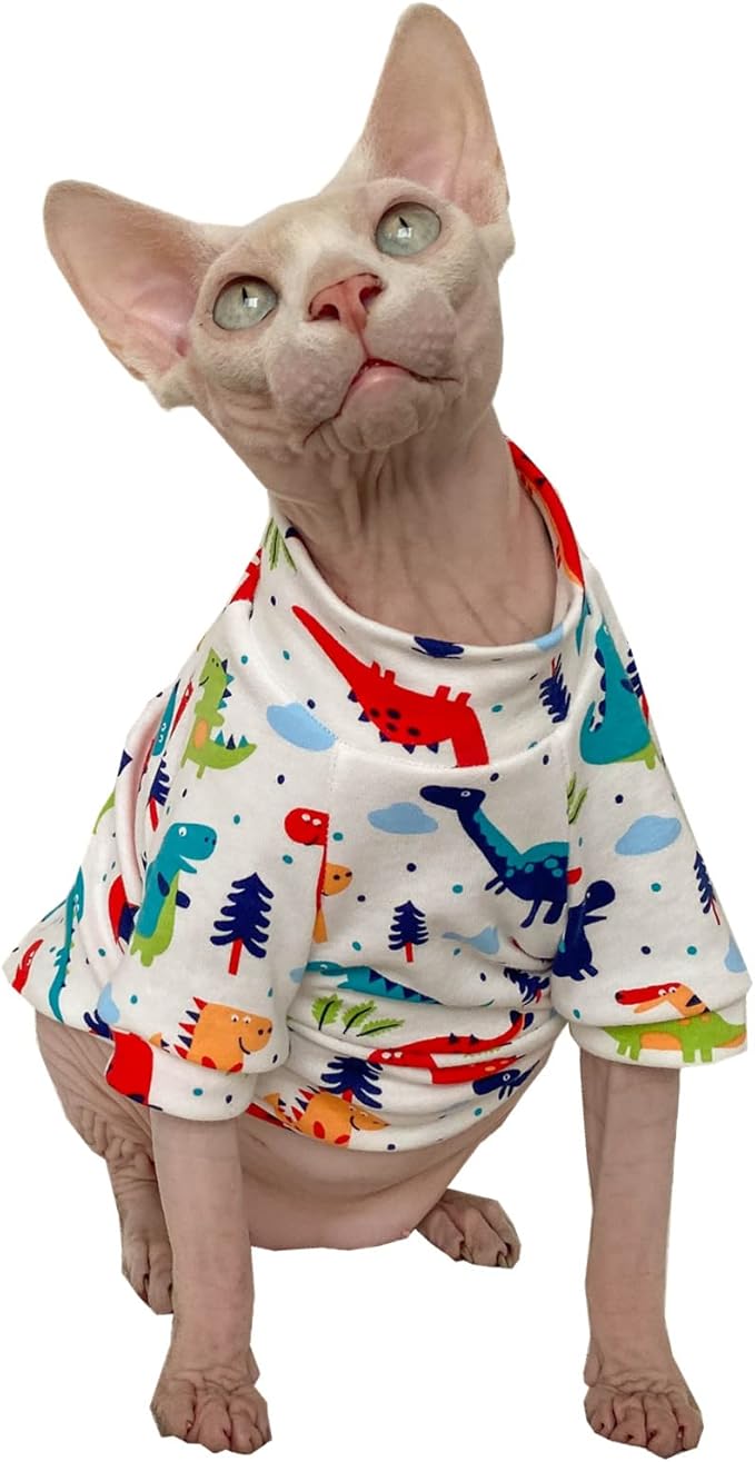 Sphynx Hairless Cat Summer Cotton T-Shirts Cat Vest Pet Clothes,Round Collar Vest Kitten Shirts Sleeveless, Cats & Small Dogs Apparel (X-Large, Dinosaur)