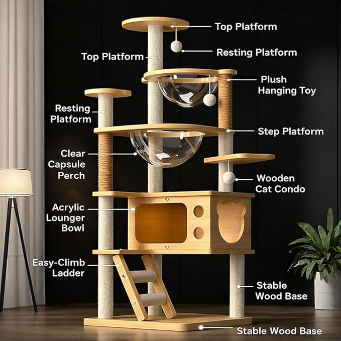 Cat Tree for Indoor Cats, 57" Large Modern Cat Tower with 2 Acrylic Space Capsule Perches, Wooden Cat Condo, Sisal Scratching Posts, Easy-Climb Ladder & Hanging Toys, Cat Activity Tree for Large Cats