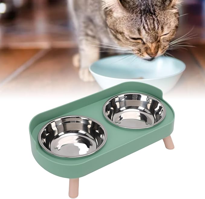 AYNEFY Elevated Cat Bowl,Tilt Proof Stainless Steel Integrated Double Elevated Pet Water Food Bowl Raised Cat Food and Water Dish for Cats and Small Dogs (Avocado Green)