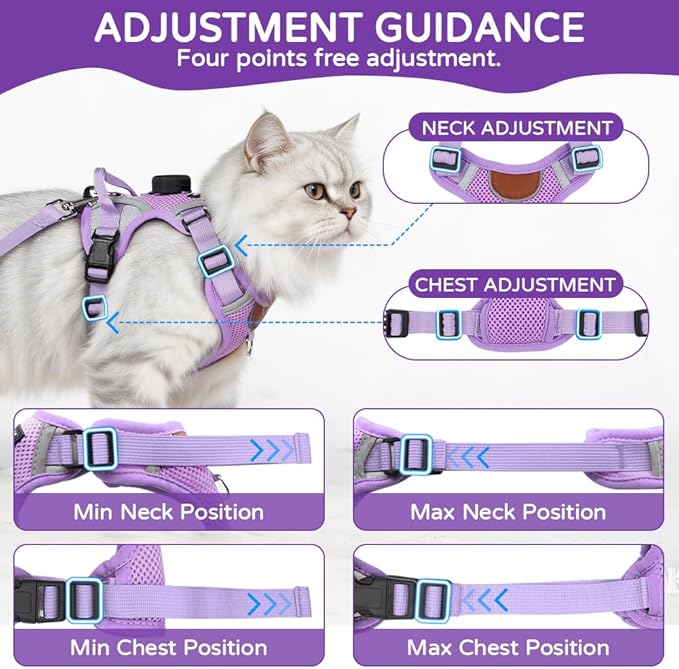 Cat Harness and Leash Set with Tracker Holder, Upgraded Escape Proof Kitten Harness with Lead for Small Cats, Soft Mesh Puppy Jacket Vest for Outdoor Walking, Reflective & Adjustable, Purple, S