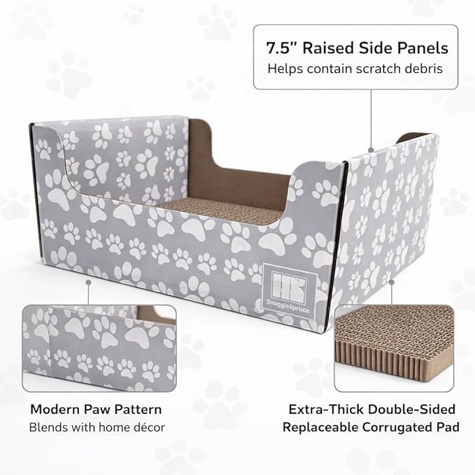 SnuggleSpruce Cardboard Cat Scratcher Box & Bed – 2-in-1 Reversible Scratch Pad for Indoor Cats – Heavy Duty Corrugated, Furniture Protector, 16"x13"x7.5", Gray