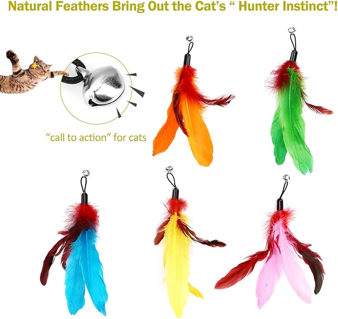 MeoHui 11PCS Cat Feather Toys Refills, 10PCS Feathers and 1PC String, Interactive Cat Wand Toy Replacement for Bored Indoor Adult Cats & Kittens