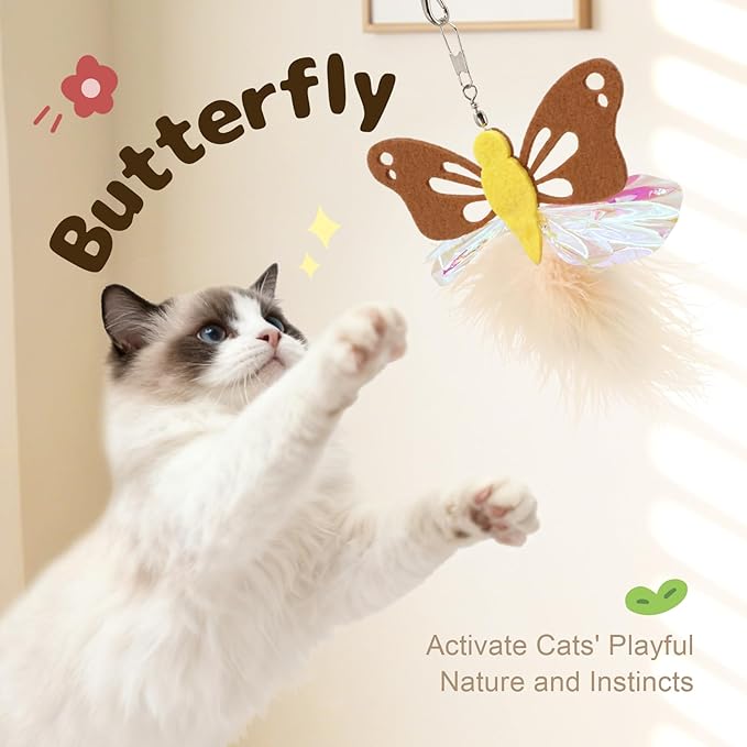 SONGWAY Cat Wand Toy Replacement - 6 PCS Flying Bird & Crinkle Butterfly Cat Toy Feather Refills with Silvervine, Cat Teaser Wand Attachments, Interactive Cat Toys for Indoor Cats Kittens