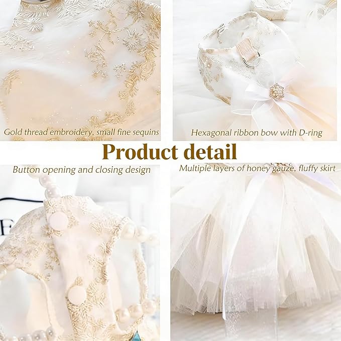 Princess Dog Wedding Dress - Embroidered Gown with Fluffy Tutu Skirt & Leash D-Ring, Formal Party Outfit for Small Dogs & Cats Like Chihuahua Yorkie (White Bow-Princess, Small)