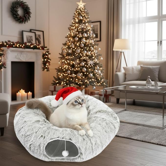 AUOON Cat Tunnel Bed for Indoor Cats - Large Cat Donut Tunnel with Hanging Ball Toy, Collapsible 2-in-1 Multifunctional Interactive Cat Toy for Kitten, Puppy, Rabbit, Ferret (Khaki)