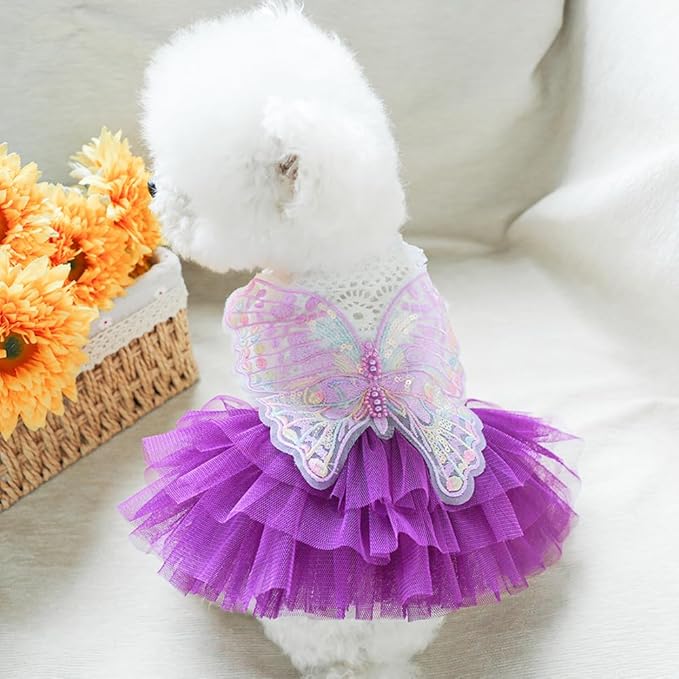 ANIAC Butterfly Dog Dress with Purple Tutu Funny Dog Clothes with Wing Girl Puppy Dress for Small Dogs Pet Butterfly Costume Holiday Cat Outfit for Halloween Birthday Wedding (Purple, Large)