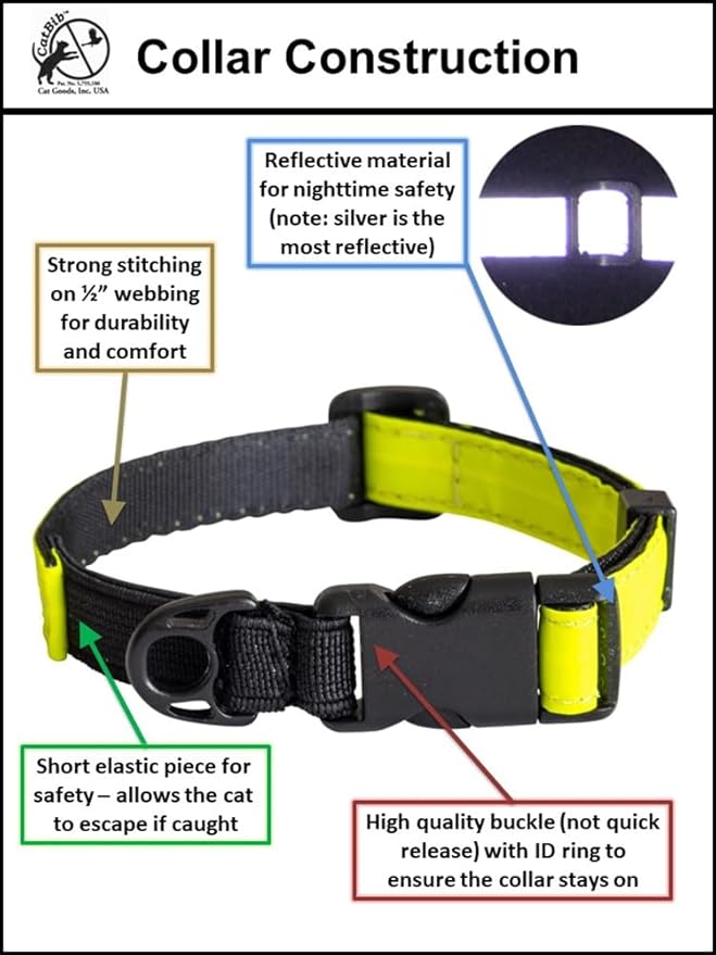 CatGoods Reflective Yellow Stretch Cat Collar – Escape-Safe Alternative to Breakaway, Adjustable, Comfortable, ID and Bell Attachment