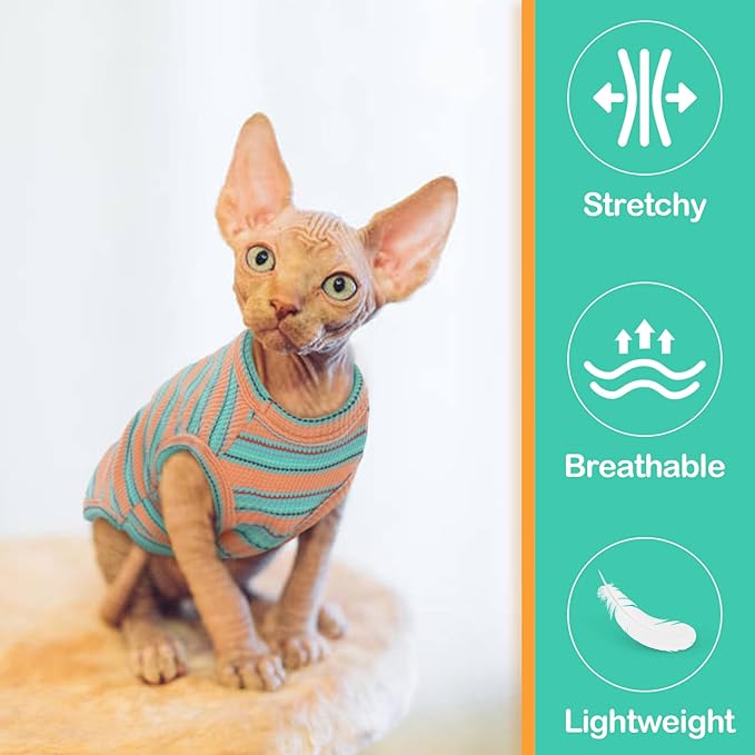 Sphynx Cat Clothes, Breathable Hairless Cat Shirts, Stripe Kitten T-Shirts Sleeveless, Pullover Cat Sweaters, Pet Summer Apparel for Sphynx, Cornish Rex, Devon Rex, Peterbald, Small Dogs