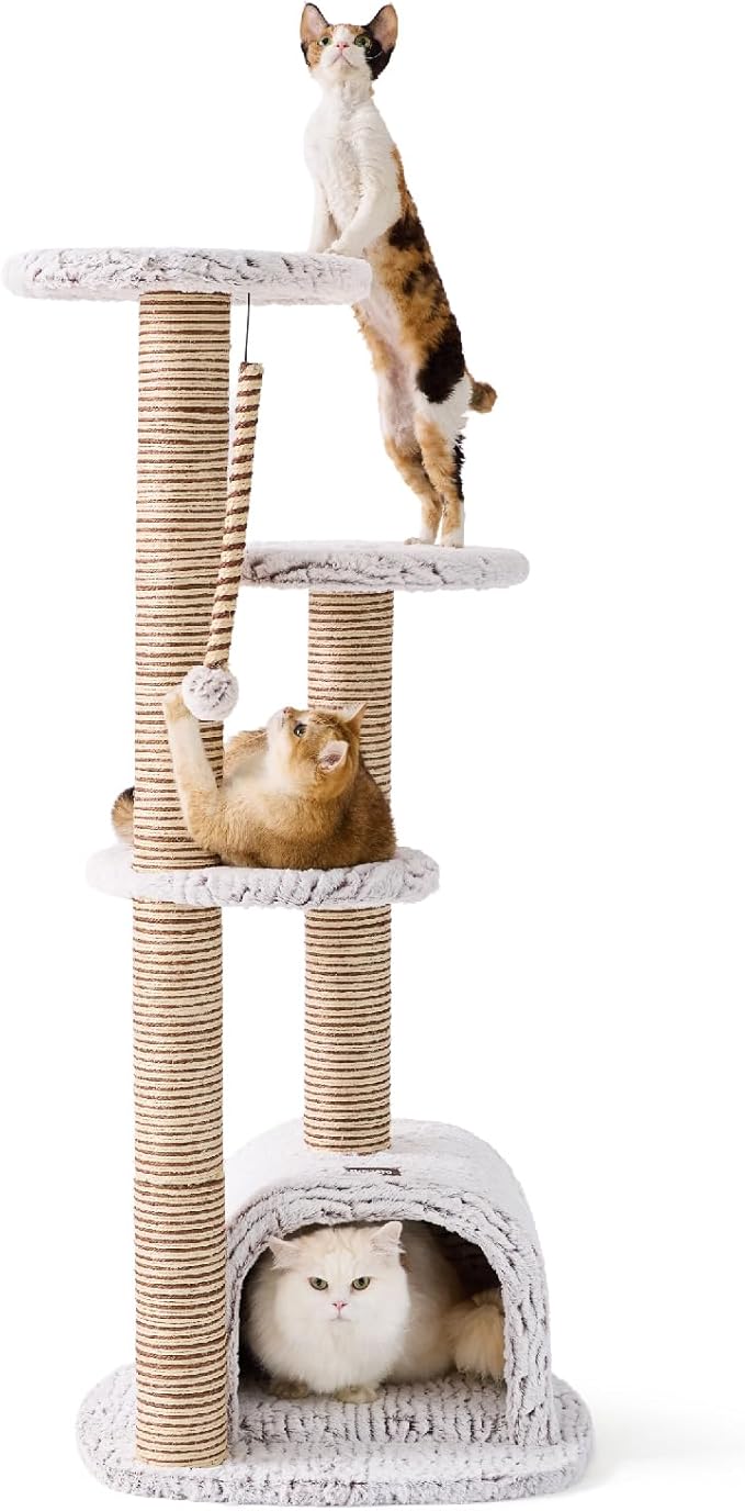 Cat Tower, Cat Tree Tower with for Indoor Cats, Condo with Spacious Elevated Perches, Scratching Posts, Cozy Cave, Dangling Toy Ball, Pet House Furniture for Indoor Kittens & Large Adult Cats.