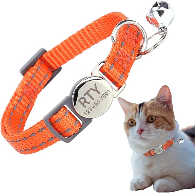 Personalized Cat Collar with Bell,Reflective Custom Engraved Name and Phone Number ID Tag for Cats Kittens & Puppies,Breakaway Safety Round Buckle|Reflective Adjustable Collars(7.5'' - 12'')