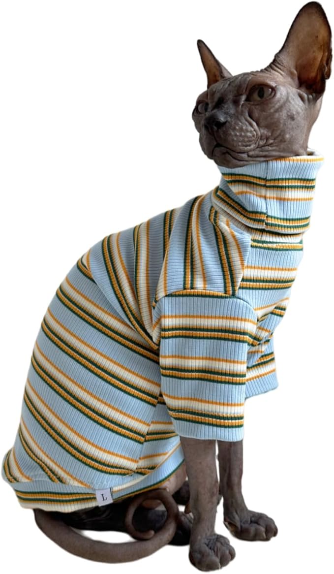 Turtle Neck Vintage Stripes Sphynx Hairless Cat Cotton T-Shirts Pet Clothes Vest Kitten Shirts Sleeveless, Cats & Small Dogs Apparel (Light Blue, S (3.3-5 lbs))
