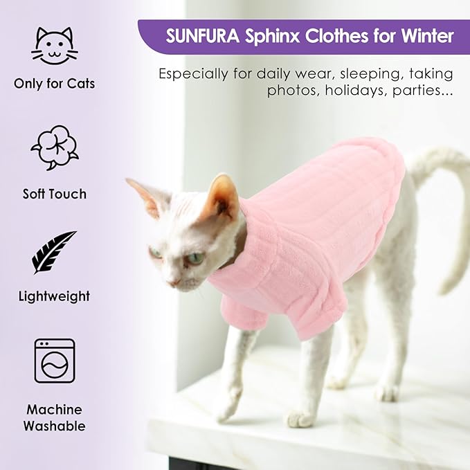 Sweaters for Cats, Hairless Sphynx Sweater Kitten Pullover with Sleeves, Warm and Soft Cat Pajamas Fleece Sweatshirt Jumpsuit, Turtleneck Clothes for Fall Winter, Pink L