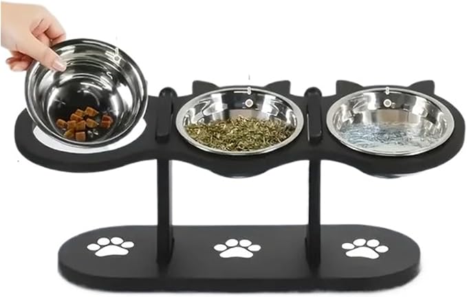Cat Food Bowl with Wooden Support Frame & Stainless Steel Adjustable,15° Angle
