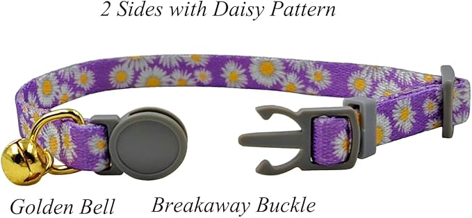 2 Pack Cat Collar, Daisy Floral Pattern, Breakaway Safe Release Buckle, Clear Bell, Polyester Material, for Adult Cats.(Pink+Purple)