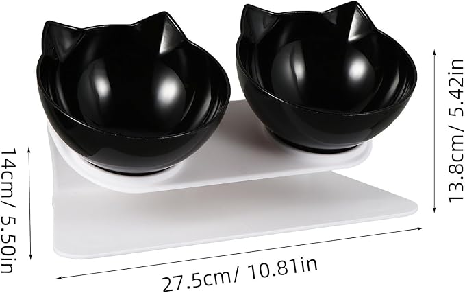 Elevated Tilted Cat Food Feeder Bowls Set, Black Plastic Raised Pet Feeding and Watering Bowls for Cats, Neck Protection Design for Comfortable Eating