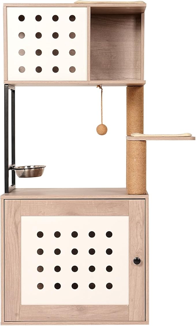Cat Tree & Litter Box Enclosure,Modern All-in-one Indoor Cats Tower with Large Platform, Cat Condo with Wood House, Food Station, Hammocks (21.7”)