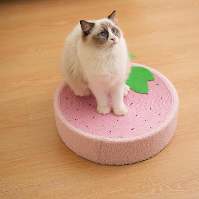 KLKCS Cat Scratcher Pad, Strawberry, Round, Compact, Multifunctional, Protects Furniture, Great Gift