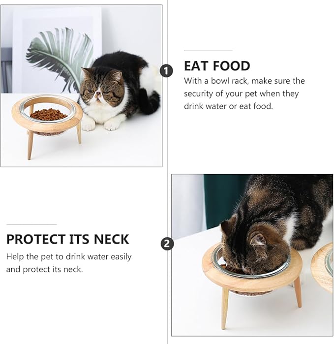 Glass Pet Bowl with Detachable Wooden Stand 14.7cm 480ml Raised Feeder for Cats and Dogs Sturdy Feeding and Watering Supplies