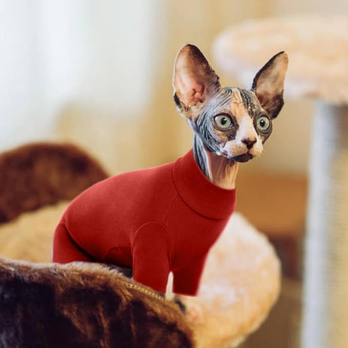 ROZKITCH Cat Jumpsuit for Cats Only, Breathable Soft Cat Jumpers for Cats Only, Cat Coat with Four Legs, Warm Sweater T-Shirt Pajamas Jumpsuit Vest Cornish Rex Devon Rex Peterbald Red M