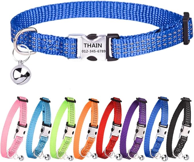 THAIN Cat Collar Personalized Reflective with Bell-Custom Cat Collar Engraved nameplate with Name and Phone,Adjustable for Cats and Kitten (Dark blue)