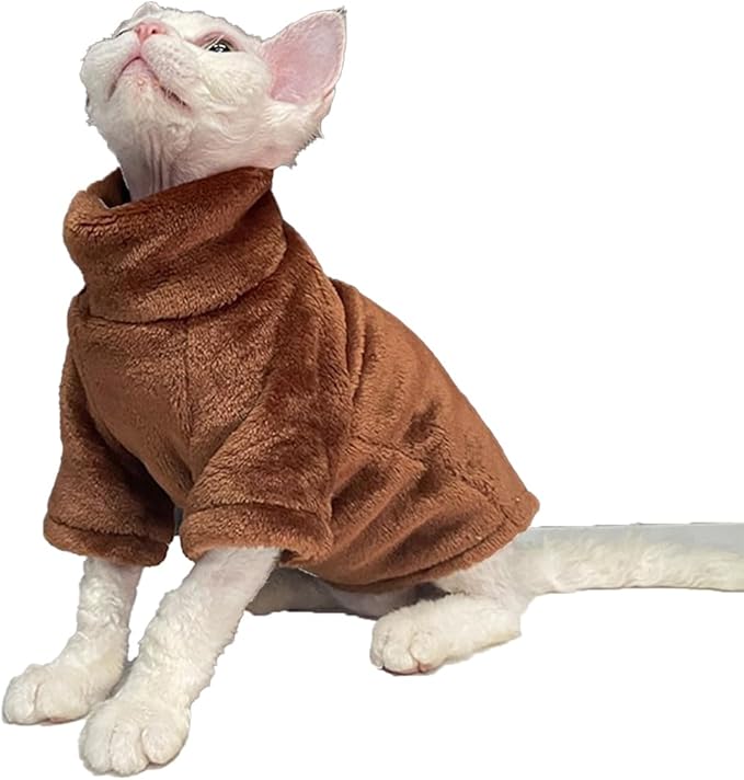 Sphynx Cat Clothes Winter Turtleneck Soft Coral Fleece Cat Clothes Thicken Warm Pajamas Coat for Hairless Cats and Small Cat Apparel with Sleeves (Brown Coffee, XXL（12.7-16lbs）)